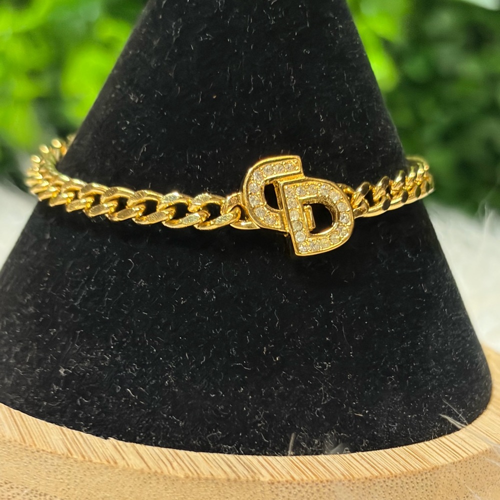 Vintage Christian Dior CD Logo Rhinestone Bracelet (Thick Cuban Link)